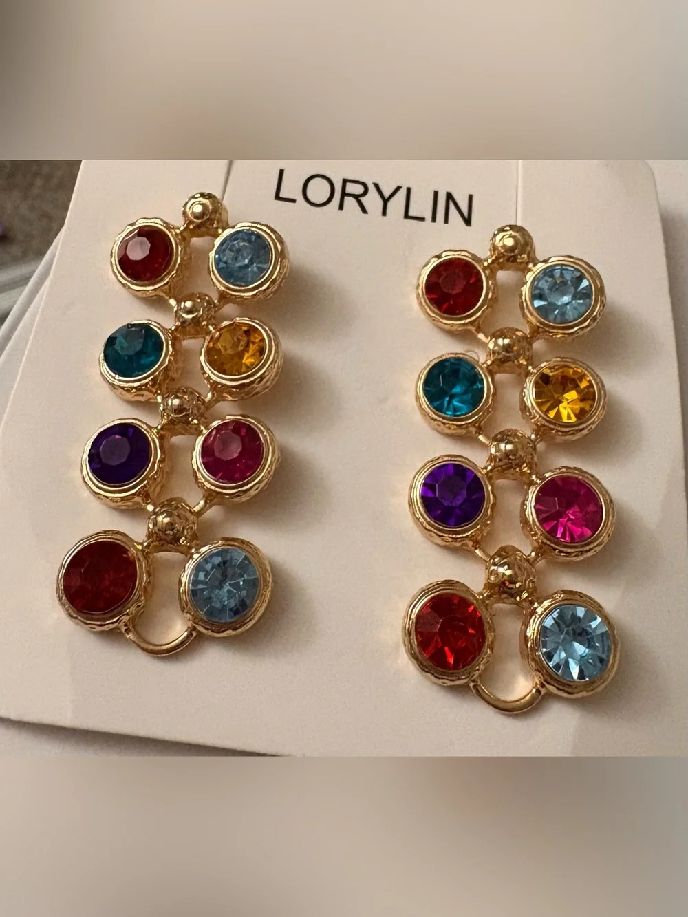 Gold Multicolor Crystal Drop Earrings - Colorful Gem Statement